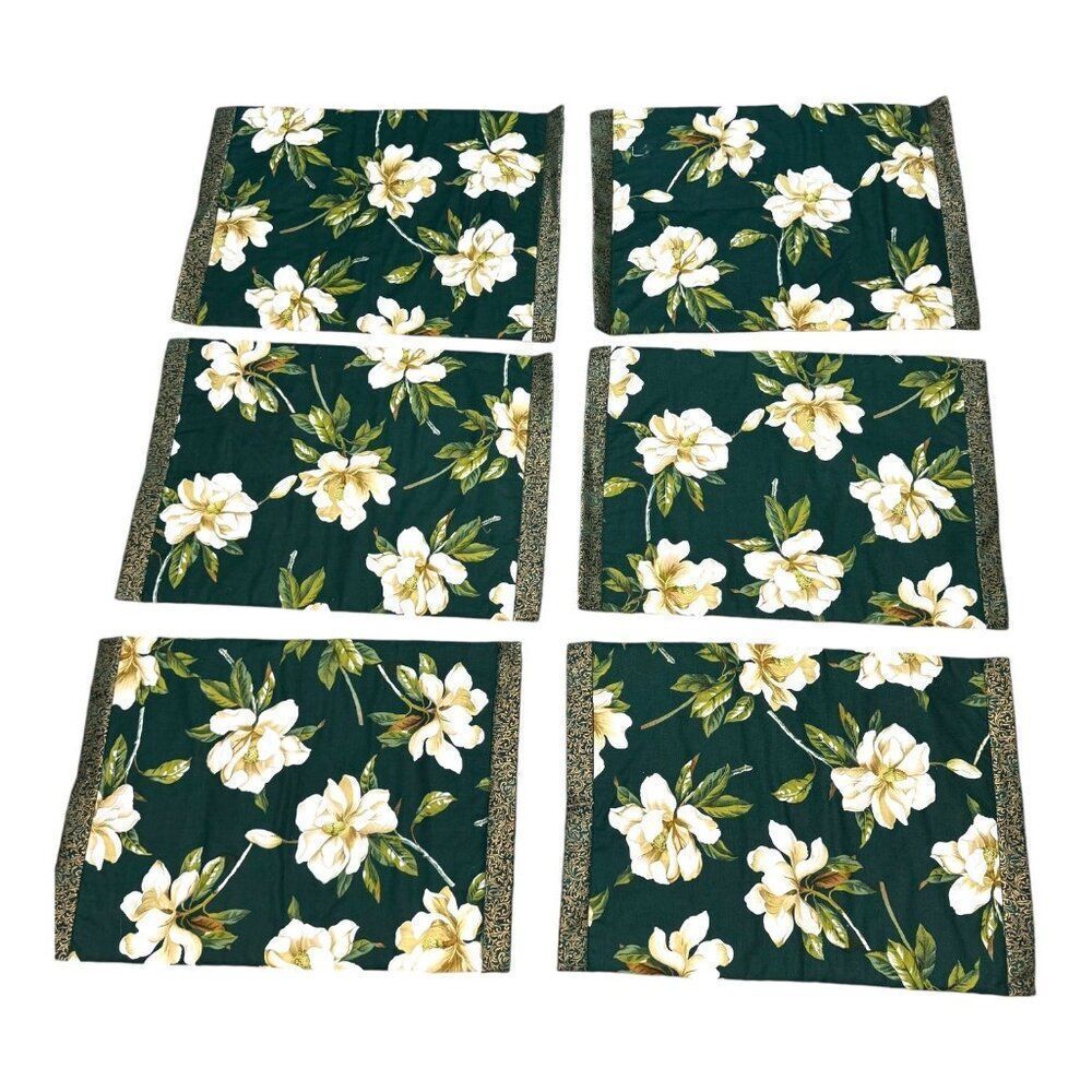 Cottage Magnolia Flower Set Of 6 Dark Green Floral Placemats Green White